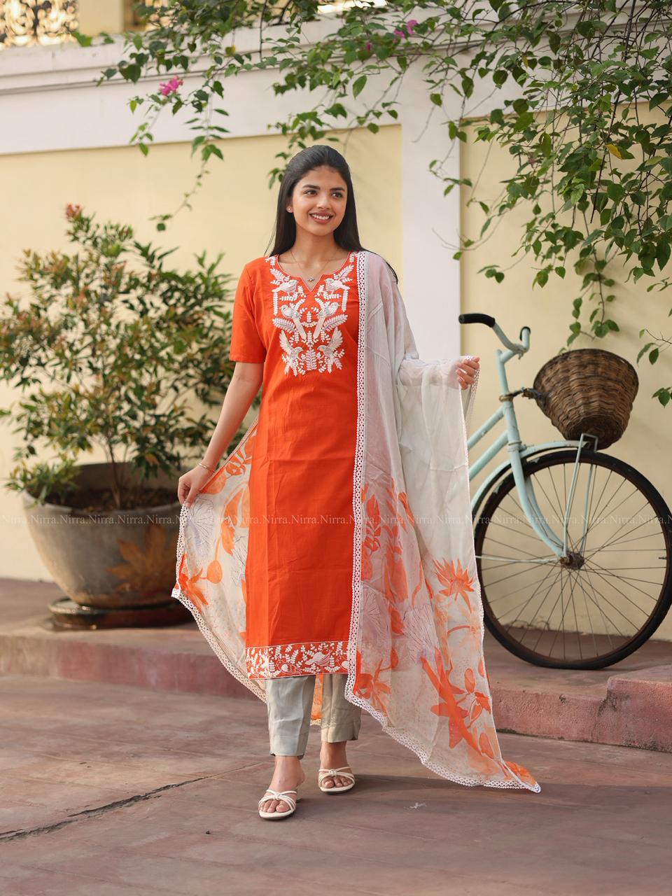 Orange and grey soft mul Chanderi suit set with bird embroidery