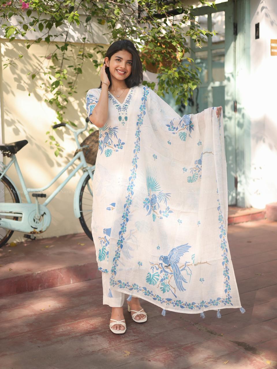 White premium linen bird digital print suit set