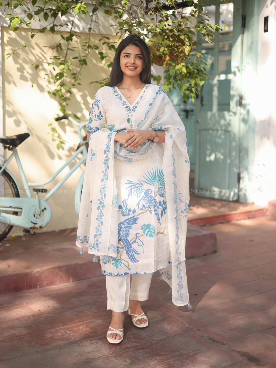 White premium linen bird digital print suit set