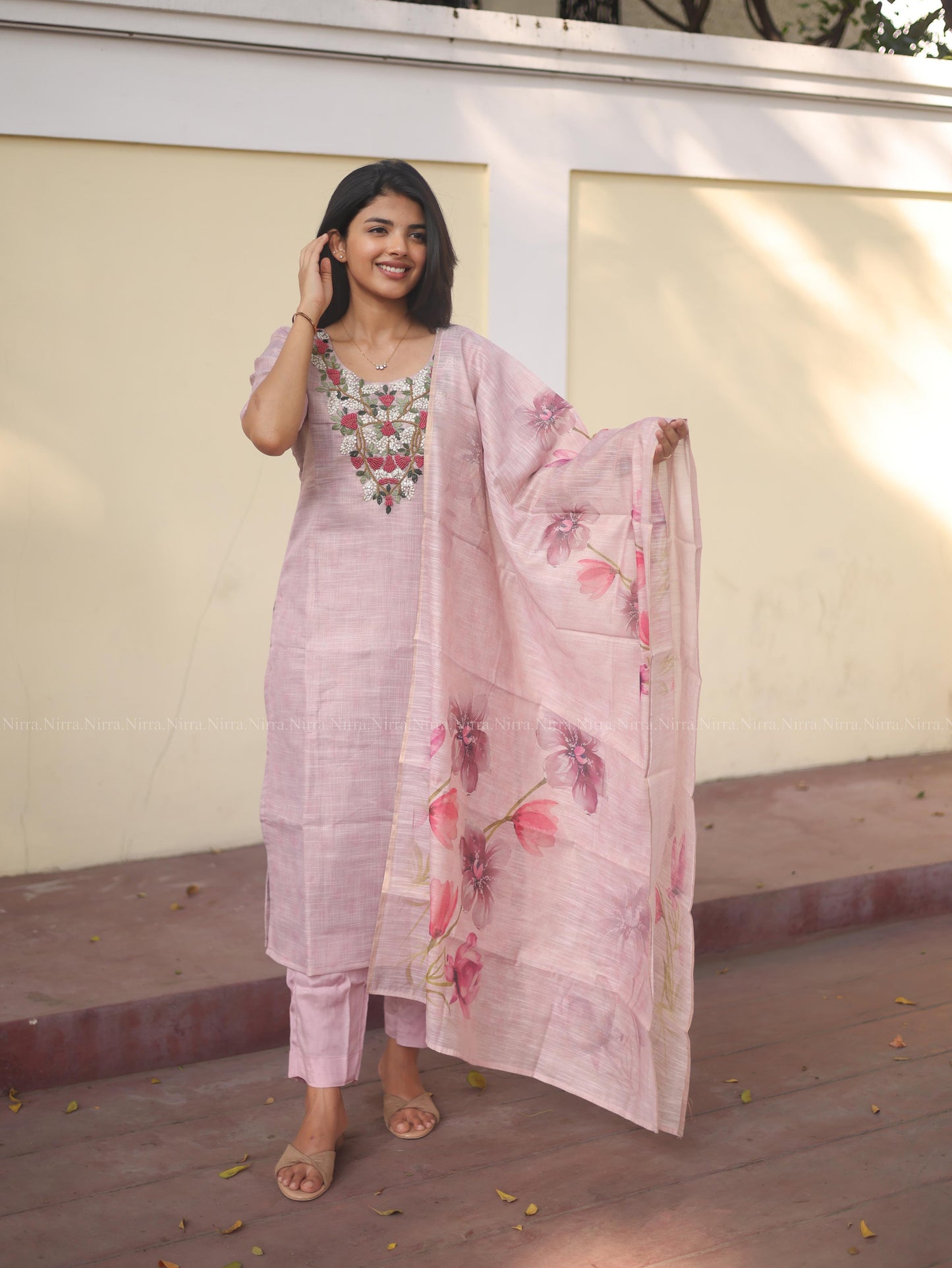 Blue pink tissue embroidery tissue salwar set