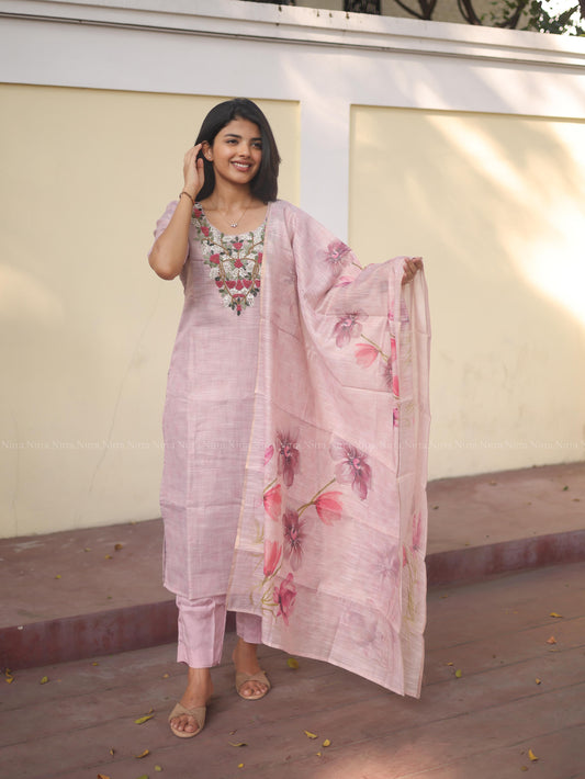 Blue pink tissue embroidery tissue salwar set