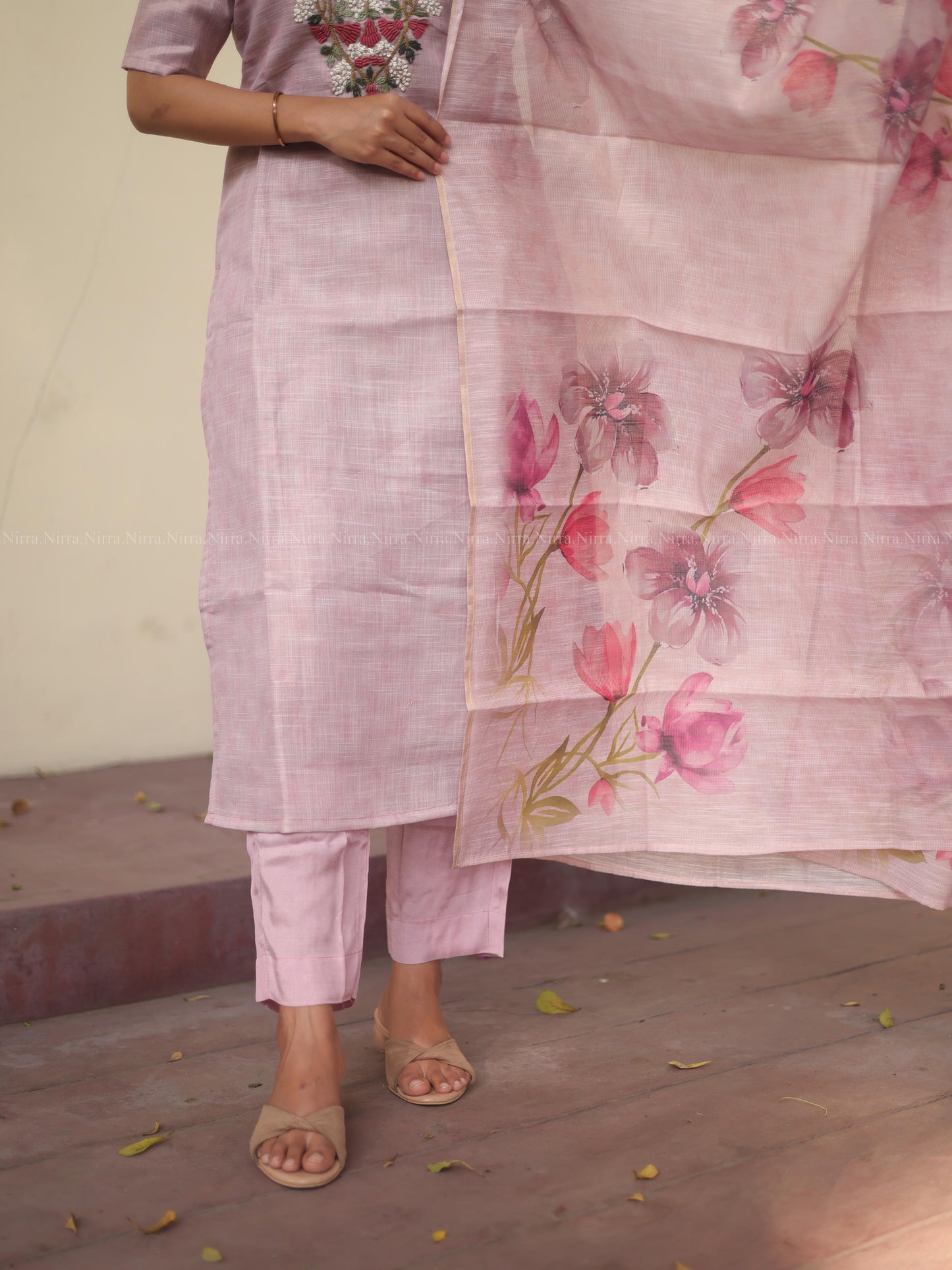 Blue pink tissue embroidery tissue salwar set