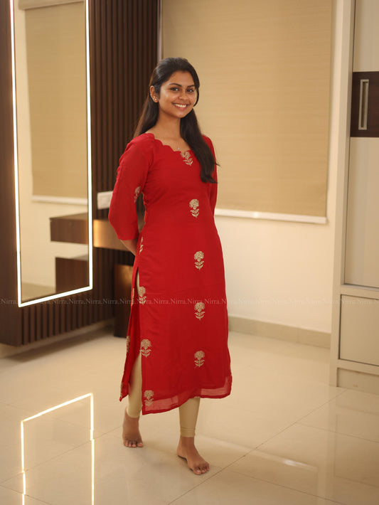 Red chiffon silk kurti with golden floral embroidery