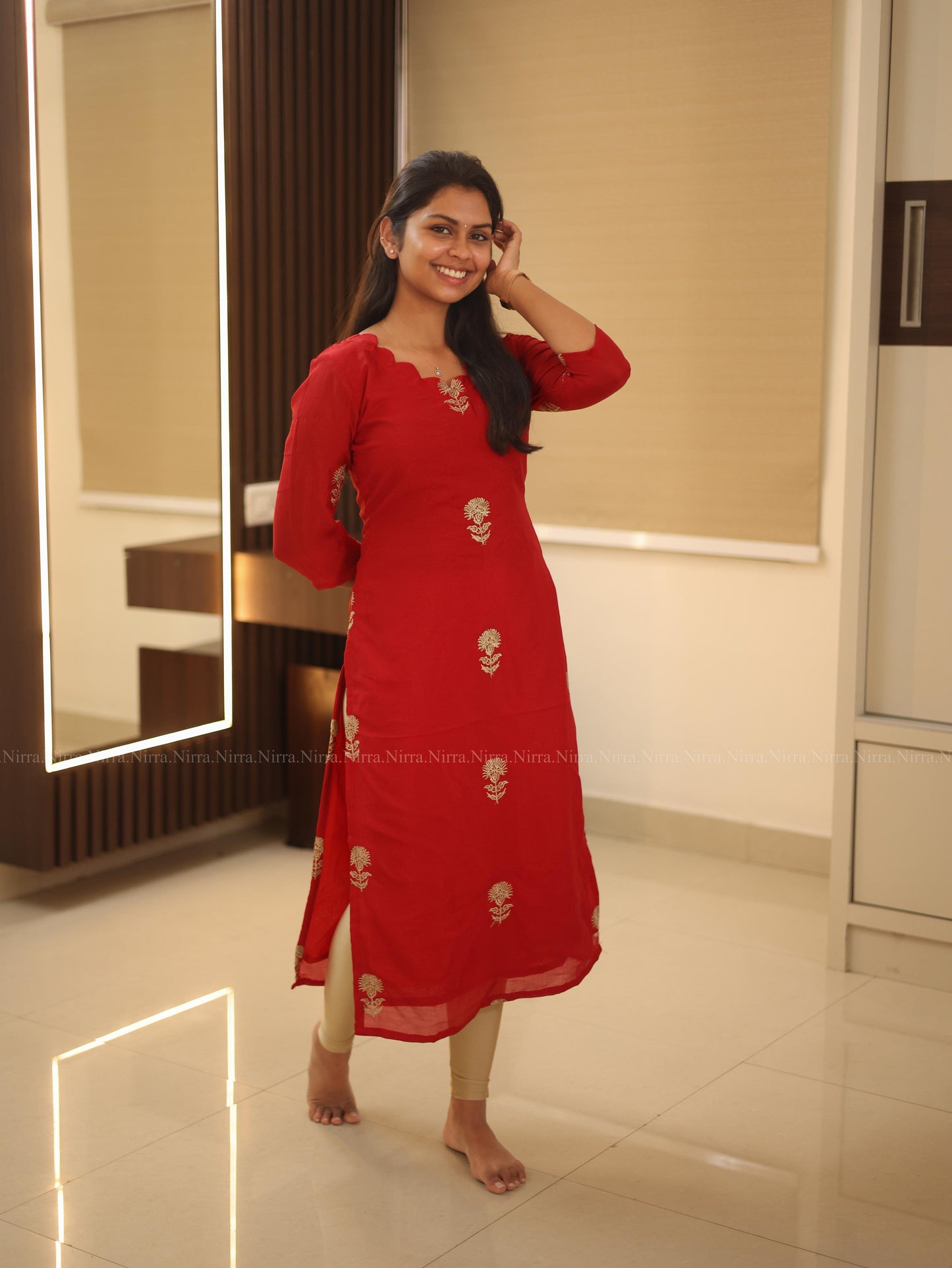 Red chiffon silk kurti with golden floral embroidery