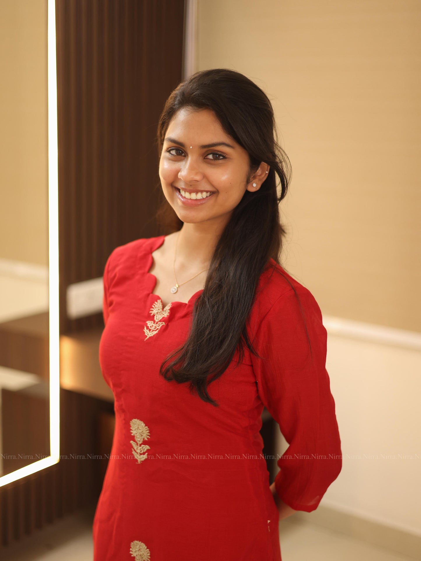 Red chiffon silk kurti with golden floral embroidery