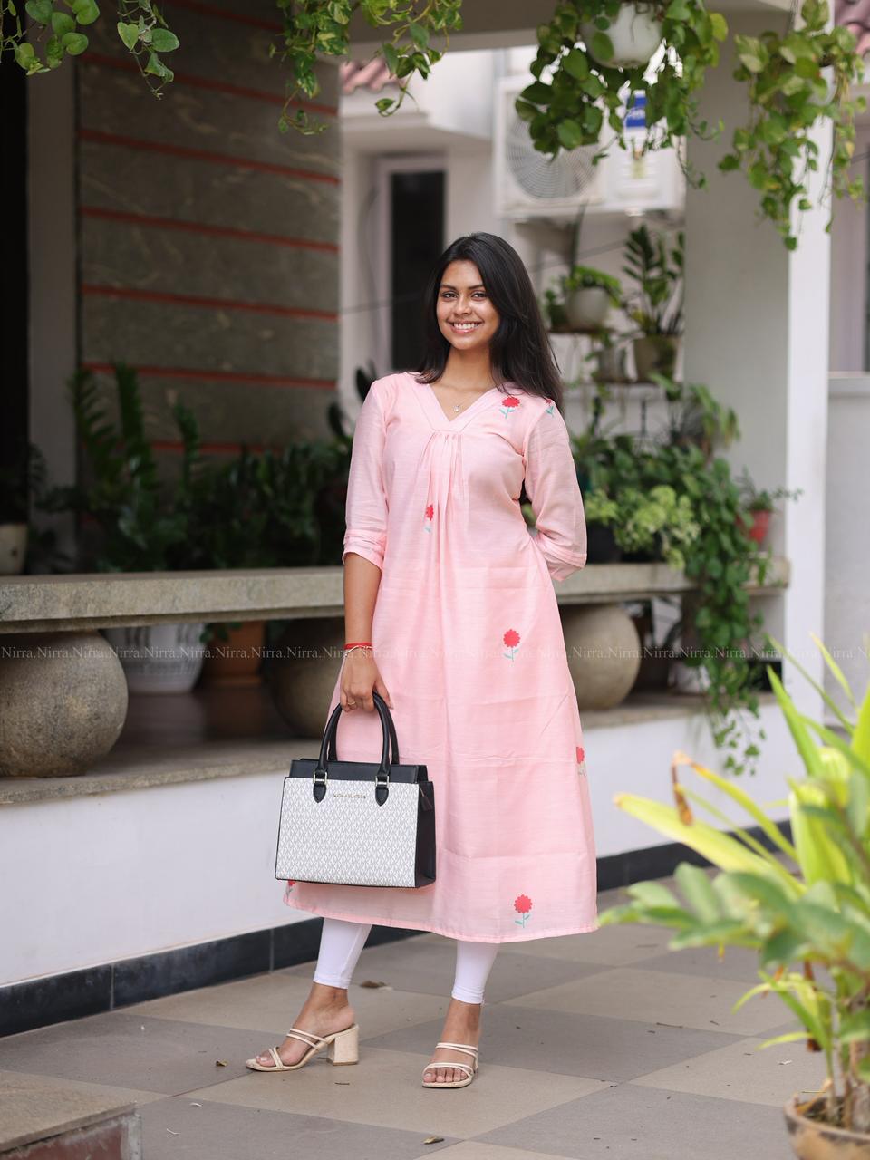 Peach chanderi A line kurti with floral print