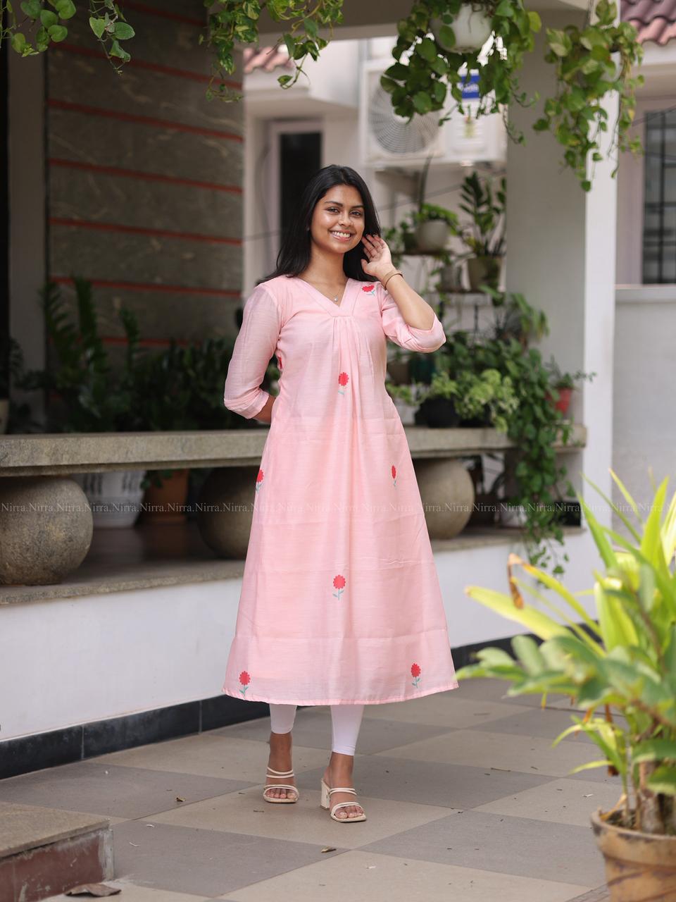 Peach chanderi A line kurti with floral print