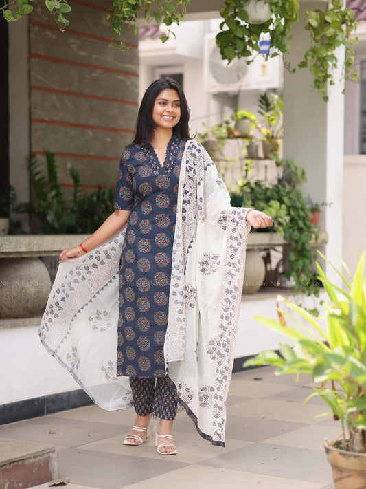 Blue Jaipur cotton set with mirror work, printed pants and cotton shawl
