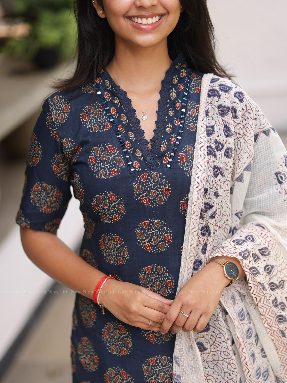Blue Jaipur cotton set with mirror work, printed pants and cotton shawl