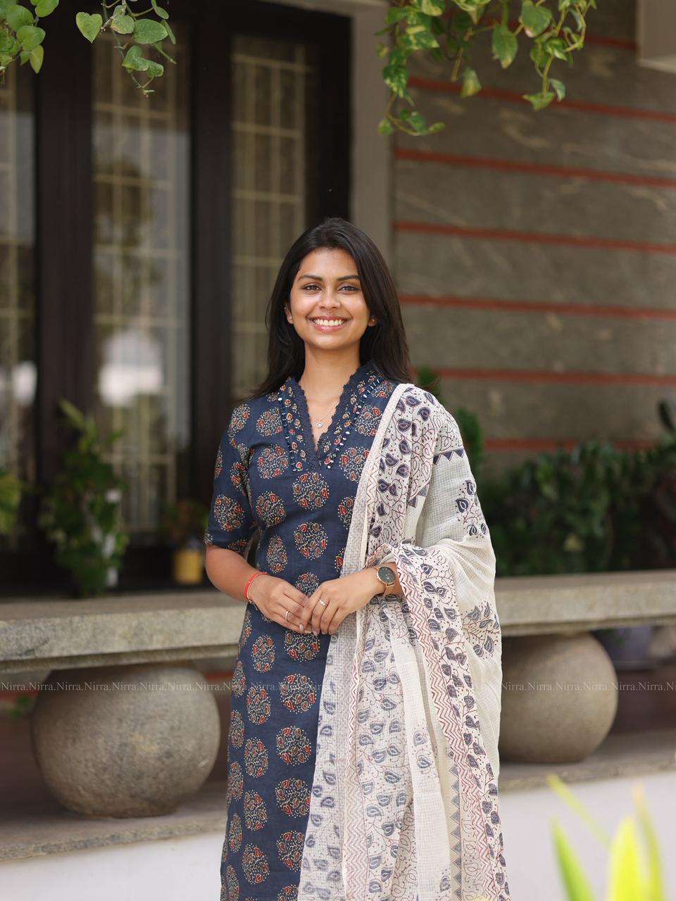 Blue Jaipur cotton set with mirror work, printed pants and cotton shawl