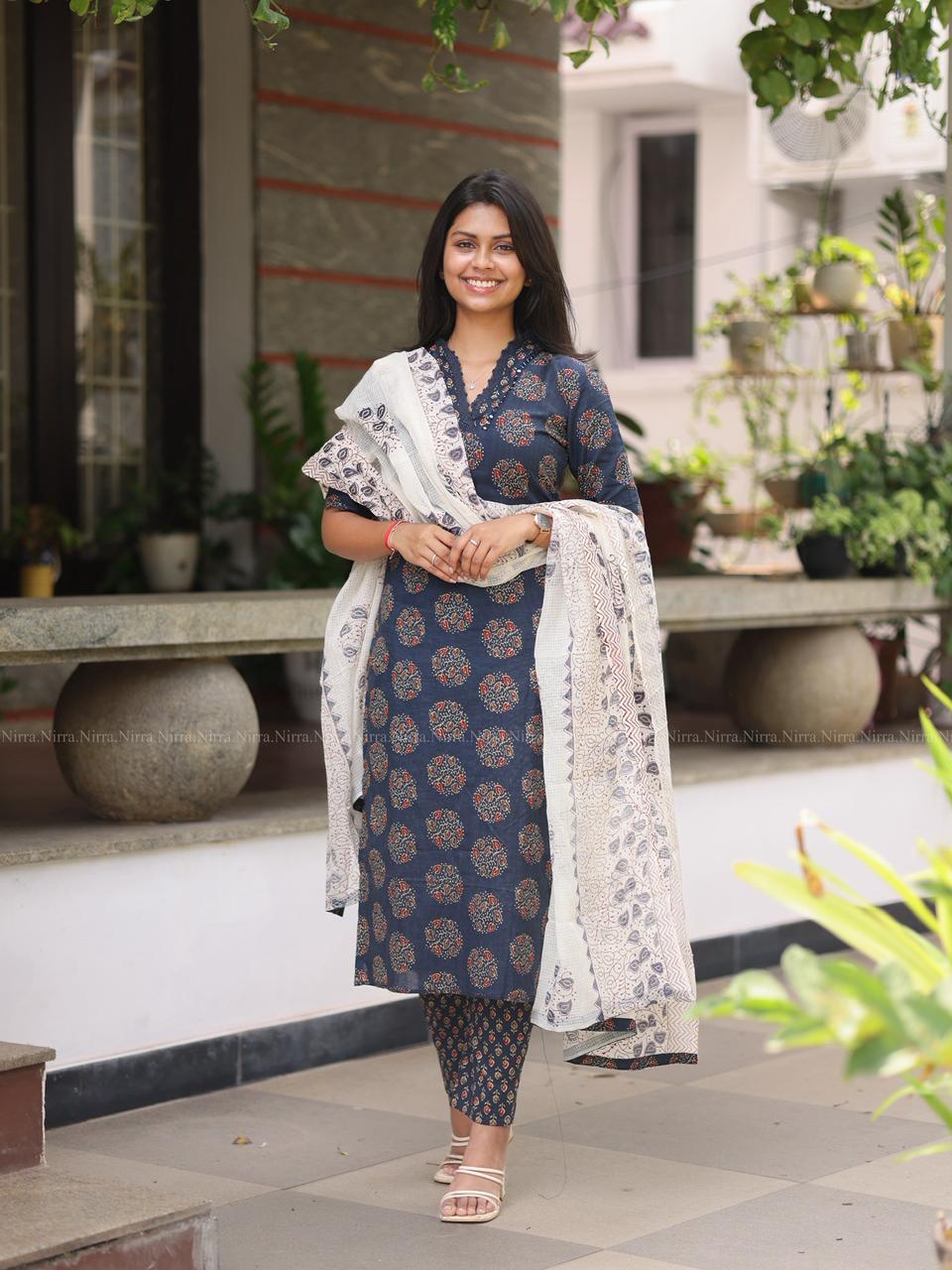 Blue Jaipur cotton set with mirror work, printed pants and cotton shawl