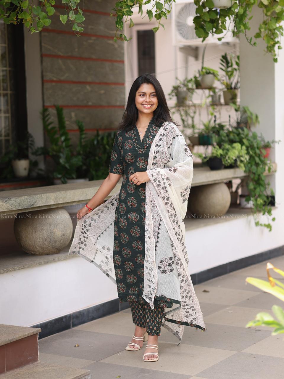 Green Jaipur cotton set with mirror work, printed pants and cotton shawl