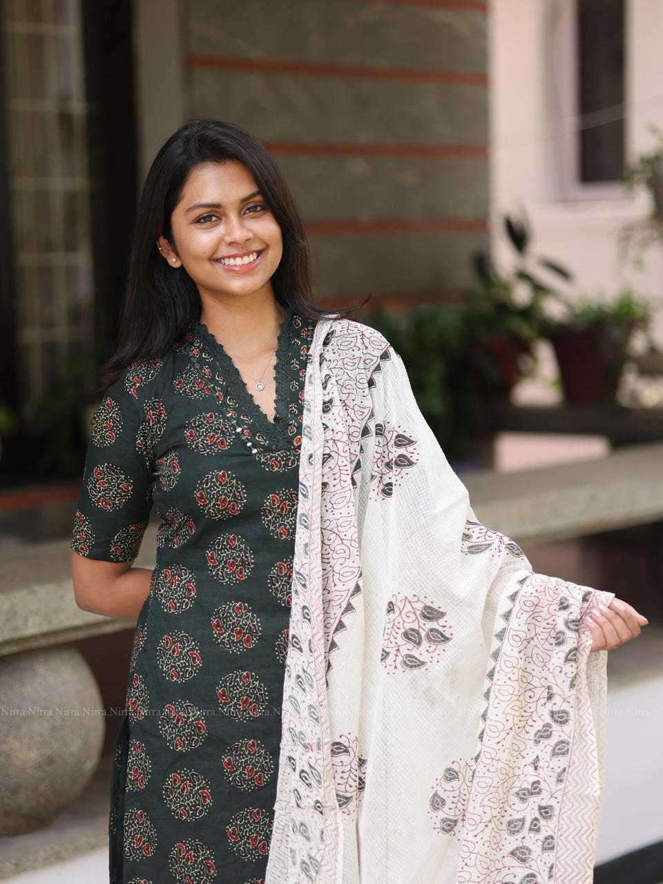 Green Jaipur cotton set with mirror work, printed pants and cotton shawl