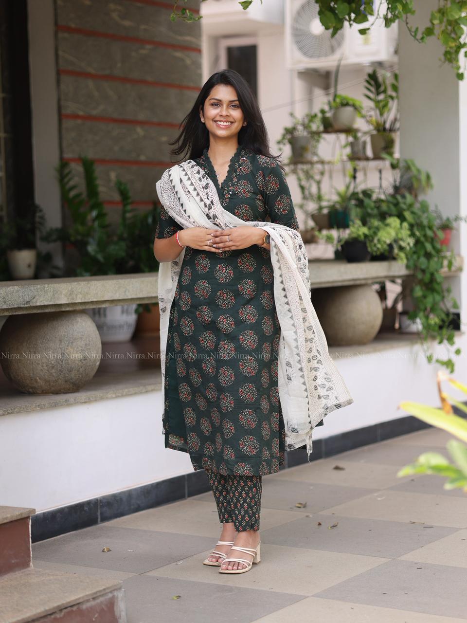 Green Jaipur cotton set with mirror work, printed pants and cotton shawl