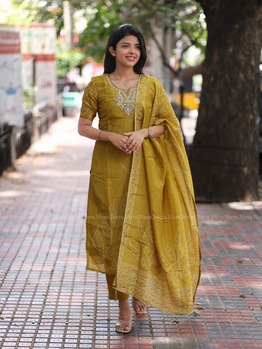 Mustard semi silk embroidery salwar set