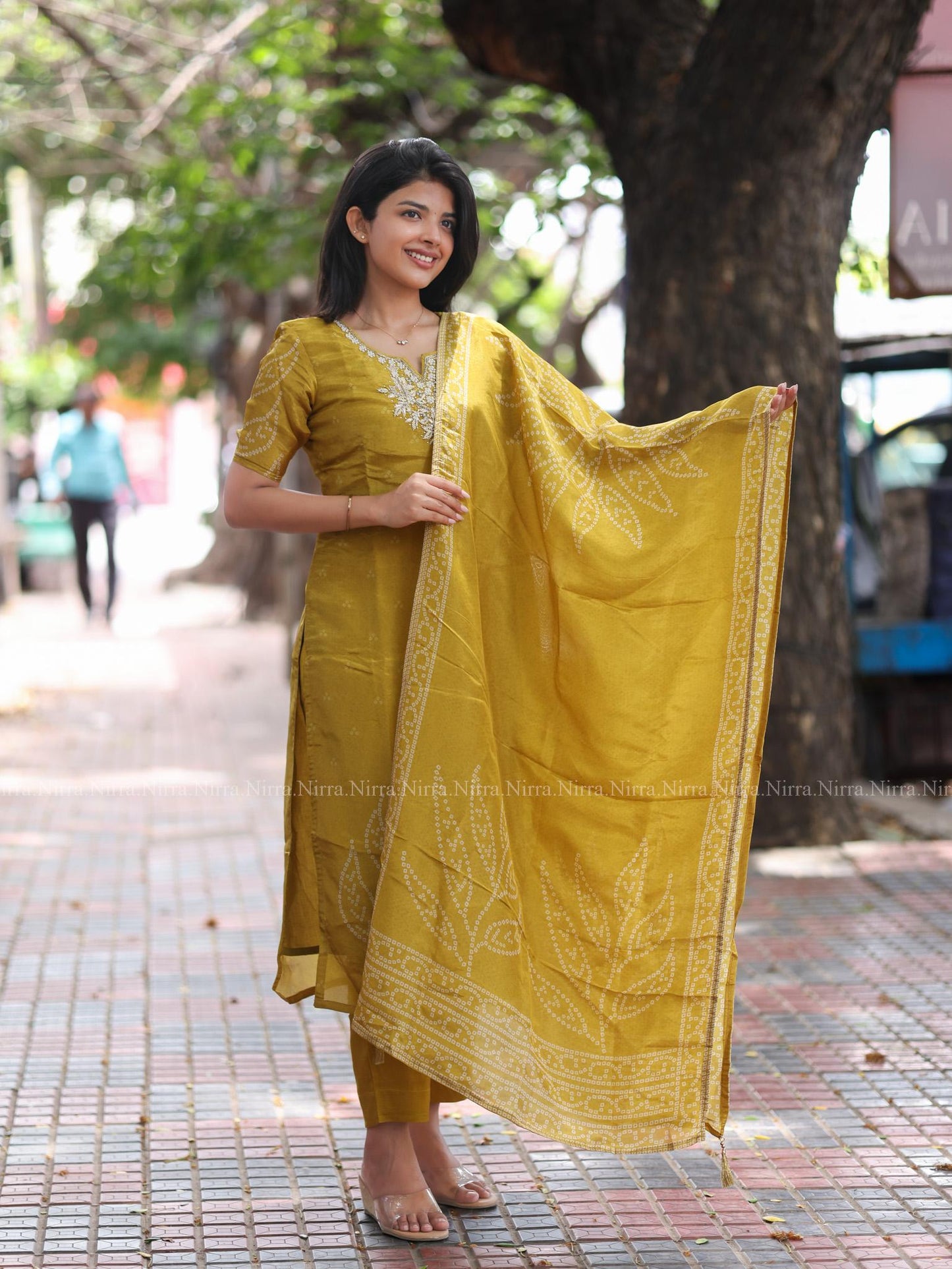 Mustard semi silk embroidery salwar set