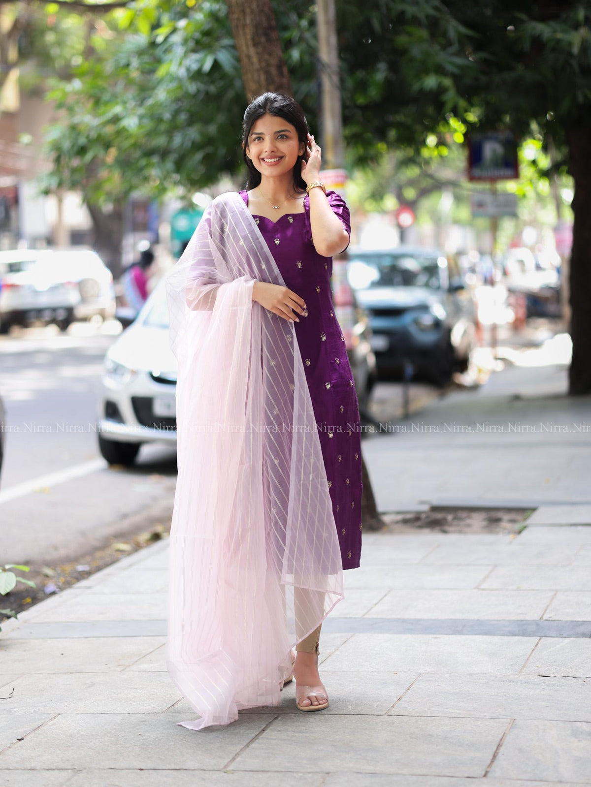 Violet tissue embroidery kurti with baby ink organza shawl