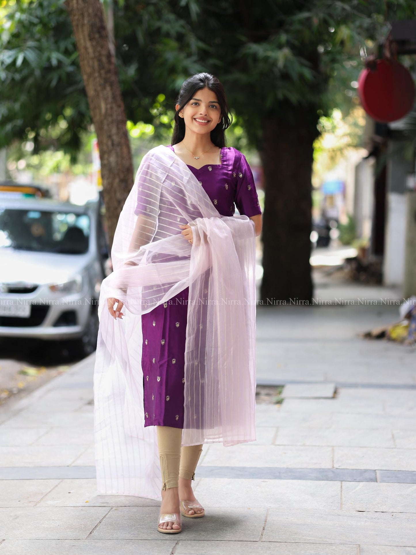 Violet tissue embroidery kurti with baby ink organza shawl