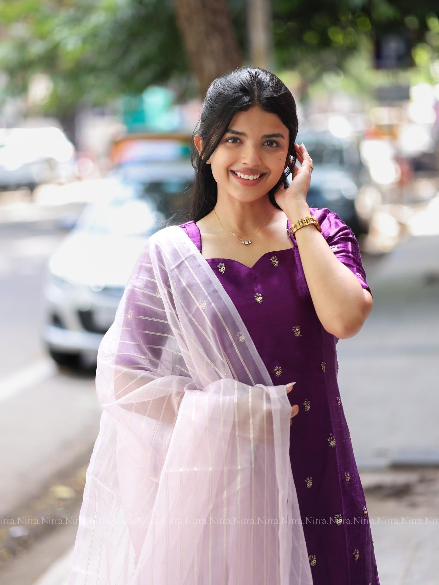 Violet tissue embroidery kurti with baby ink organza shawl