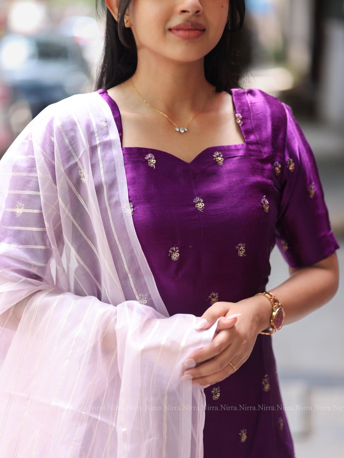 Violet tissue embroidery kurti with baby ink organza shawl