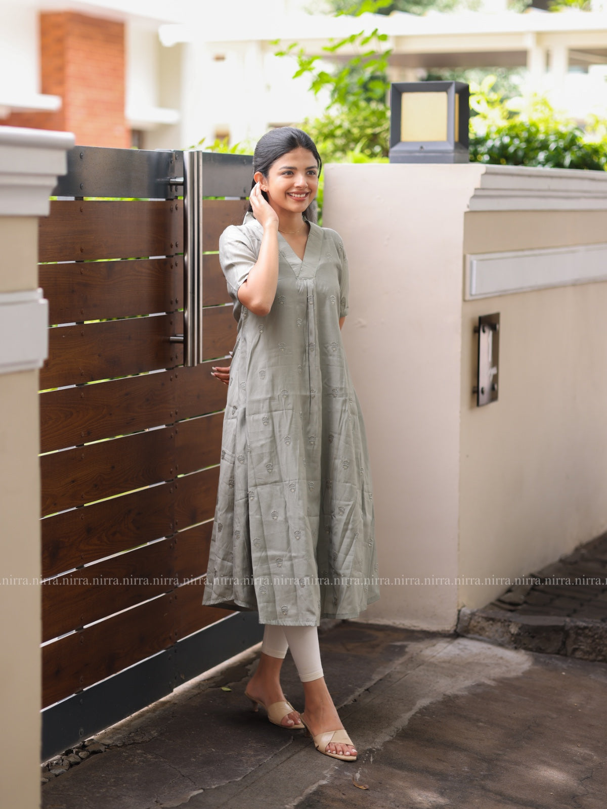 Grey semi silk A line embroidery kurti