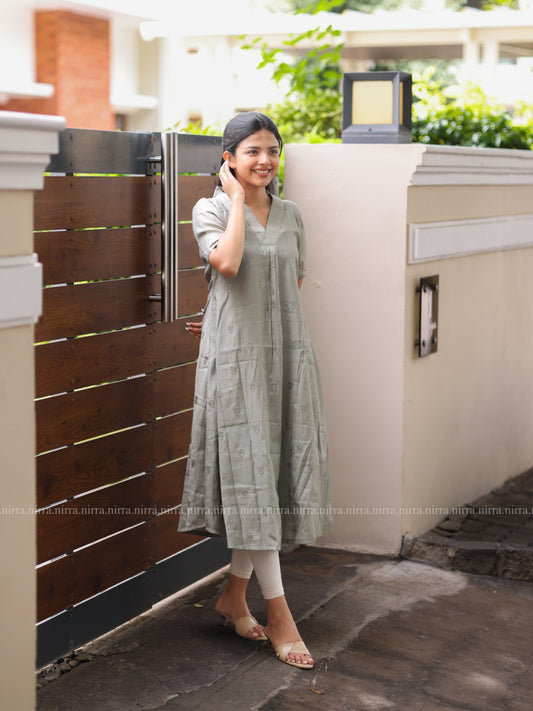 Grey semi silk A line embroidery kurti