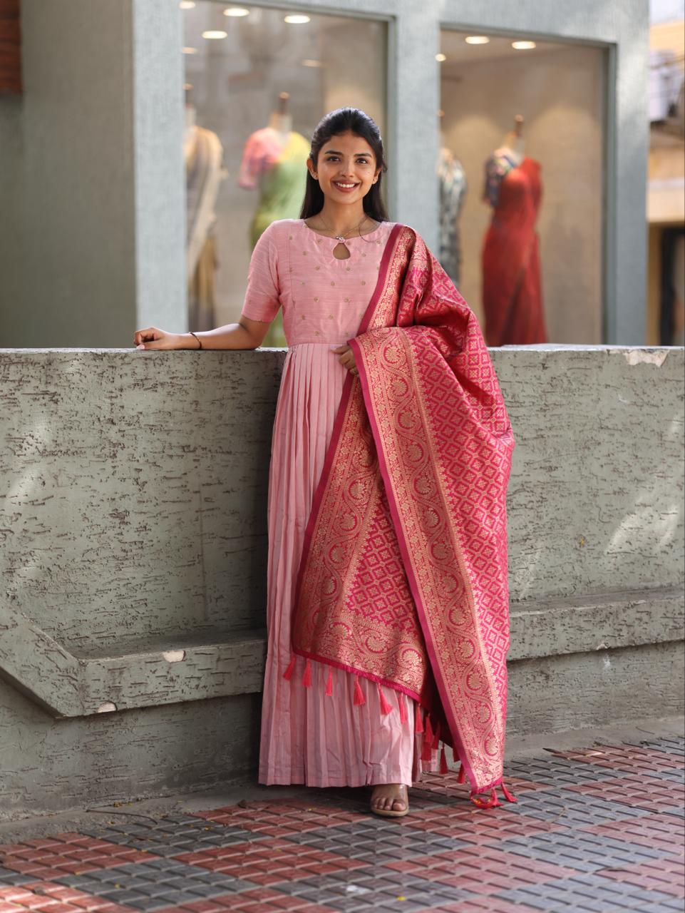 Baby pink raw silk kurti with pink banaras silk shawl