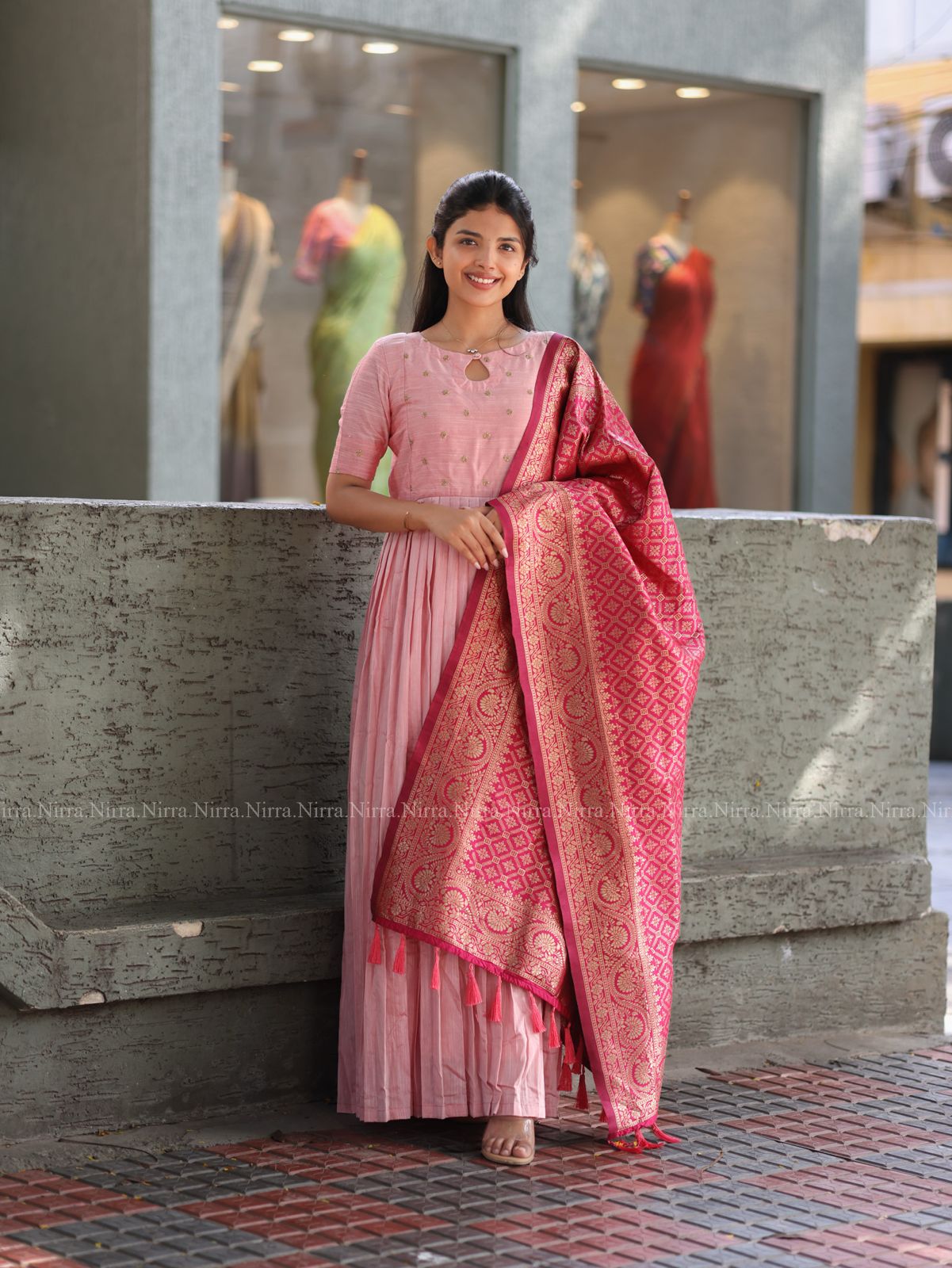 Baby pink raw silk kurti with pink banaras silk shawl