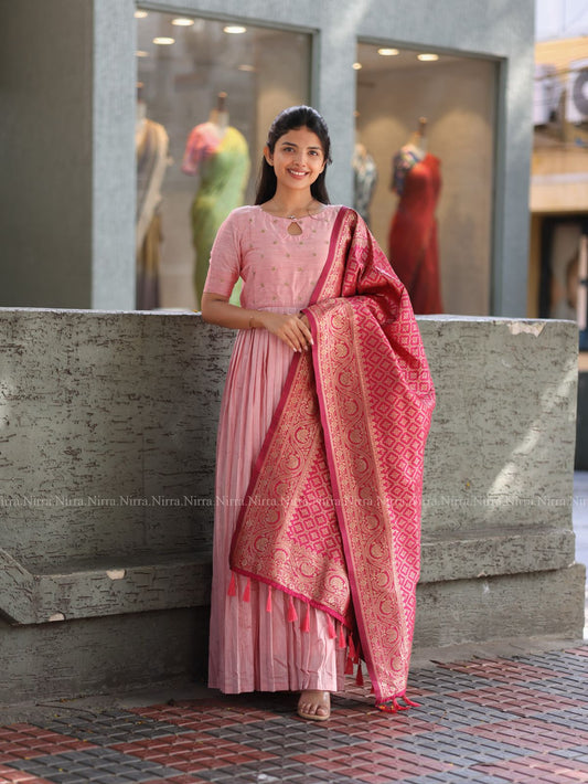 Baby pink raw silk kurti with pink banaras silk shawl