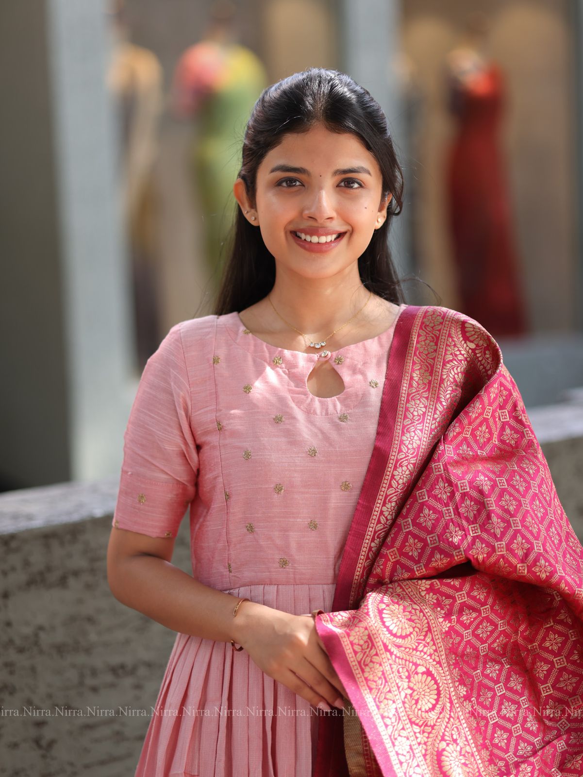 Baby pink raw silk kurti with pink banaras silk shawl