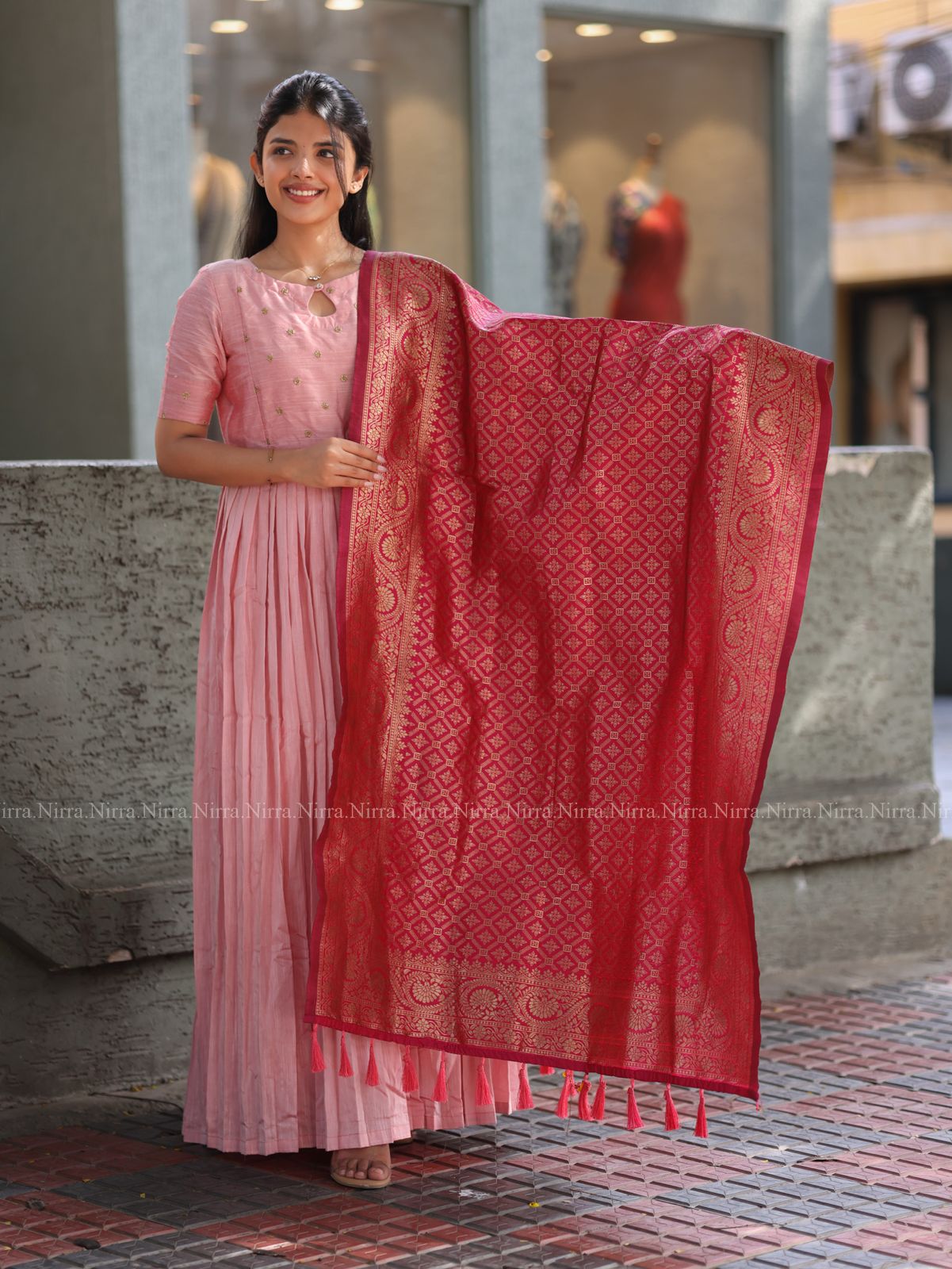 Baby pink raw silk kurti with pink banaras silk shawl