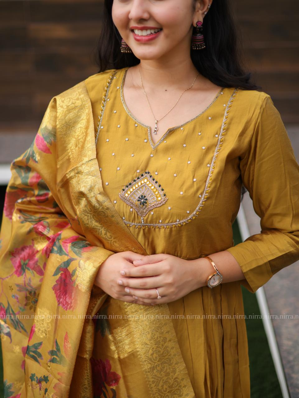 Mustard semi silk Anarkali top with palazzo pants paired with floral organza shawl