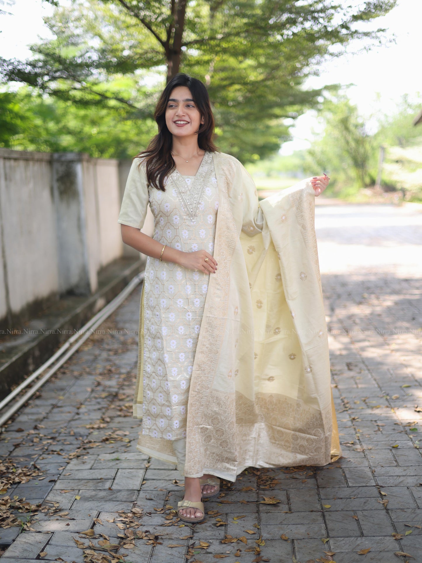 Cream tissues banaras salwar set