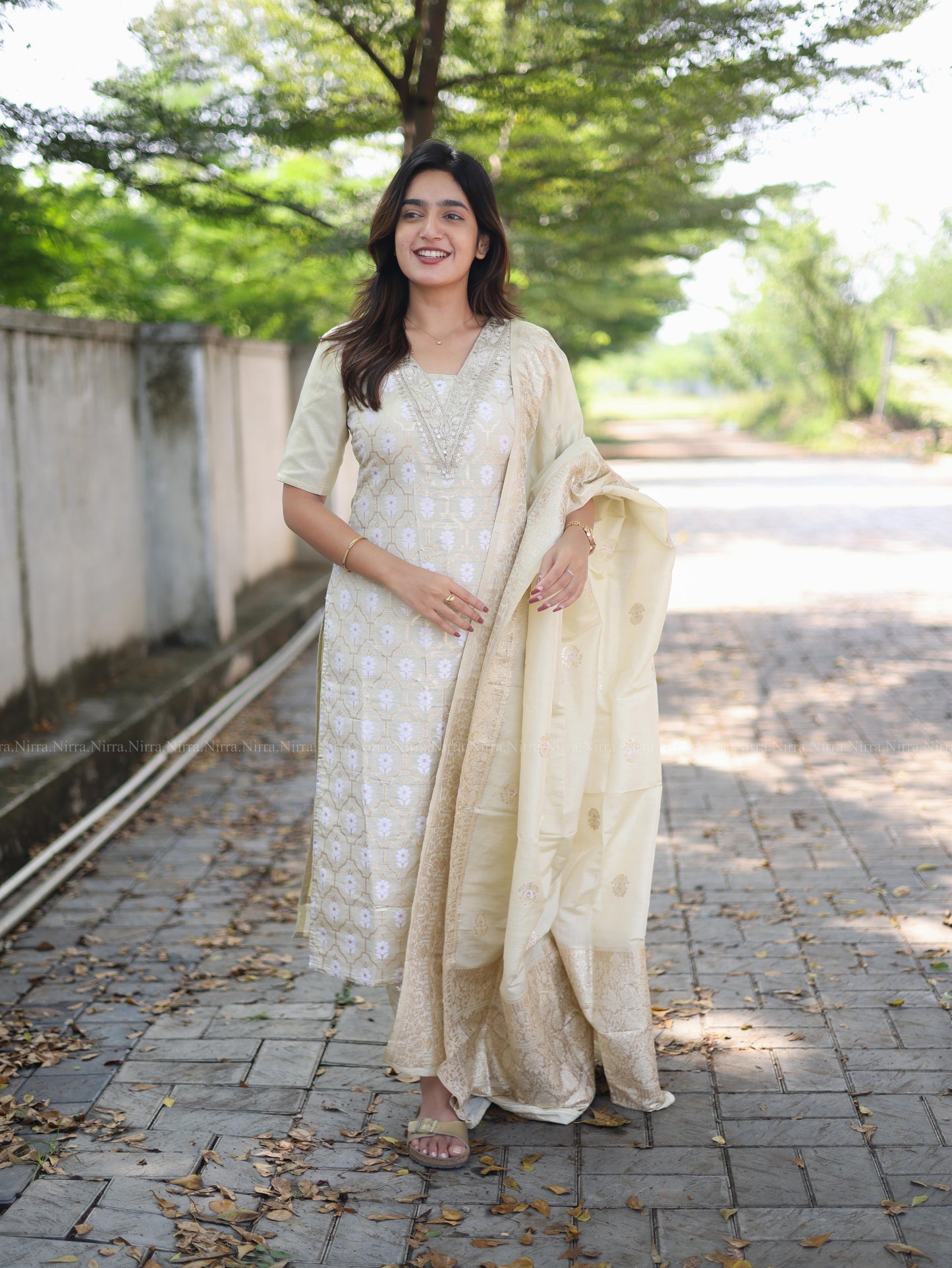 Cream tissues banaras salwar set