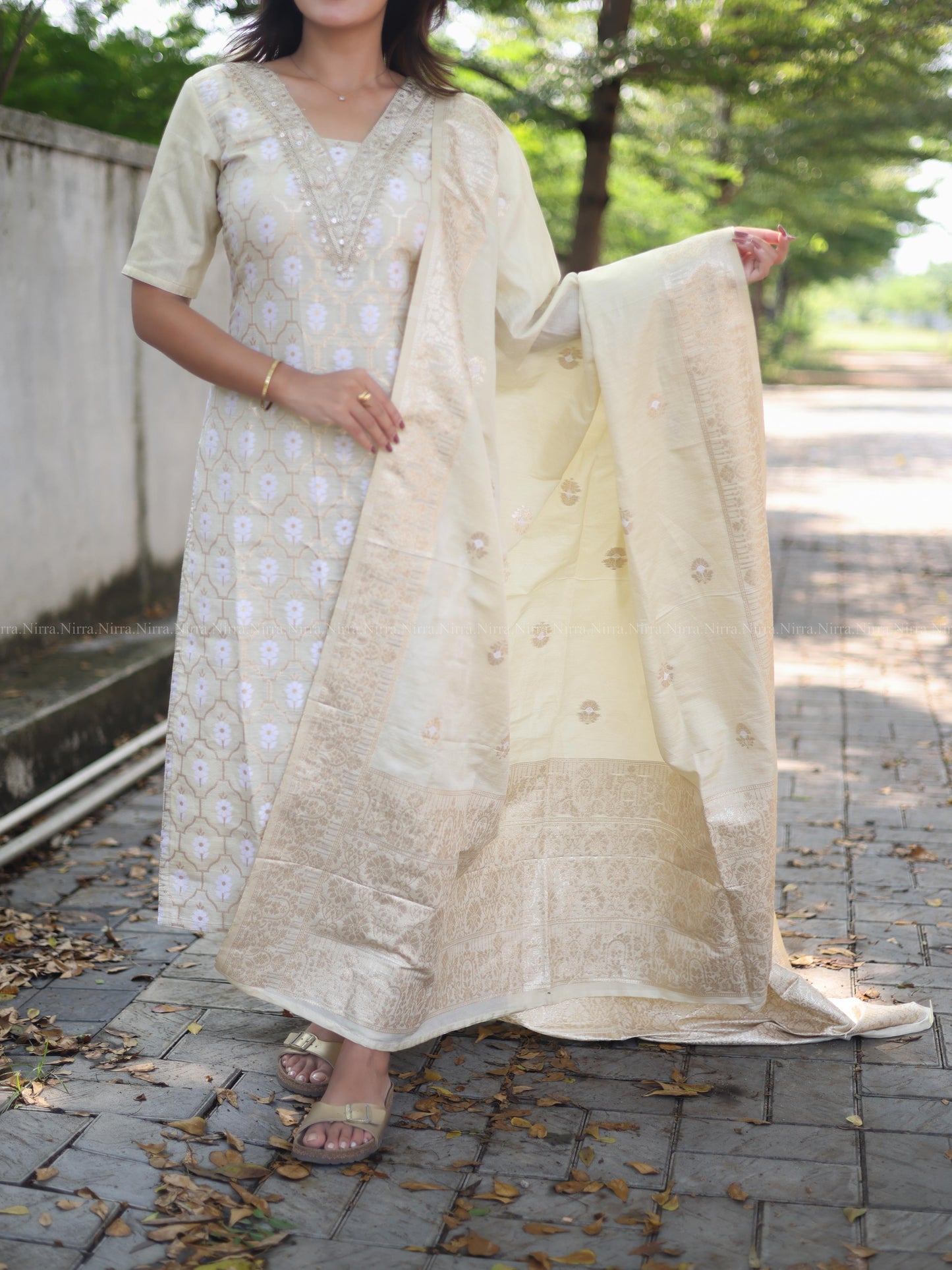 Cream tissues banaras salwar set