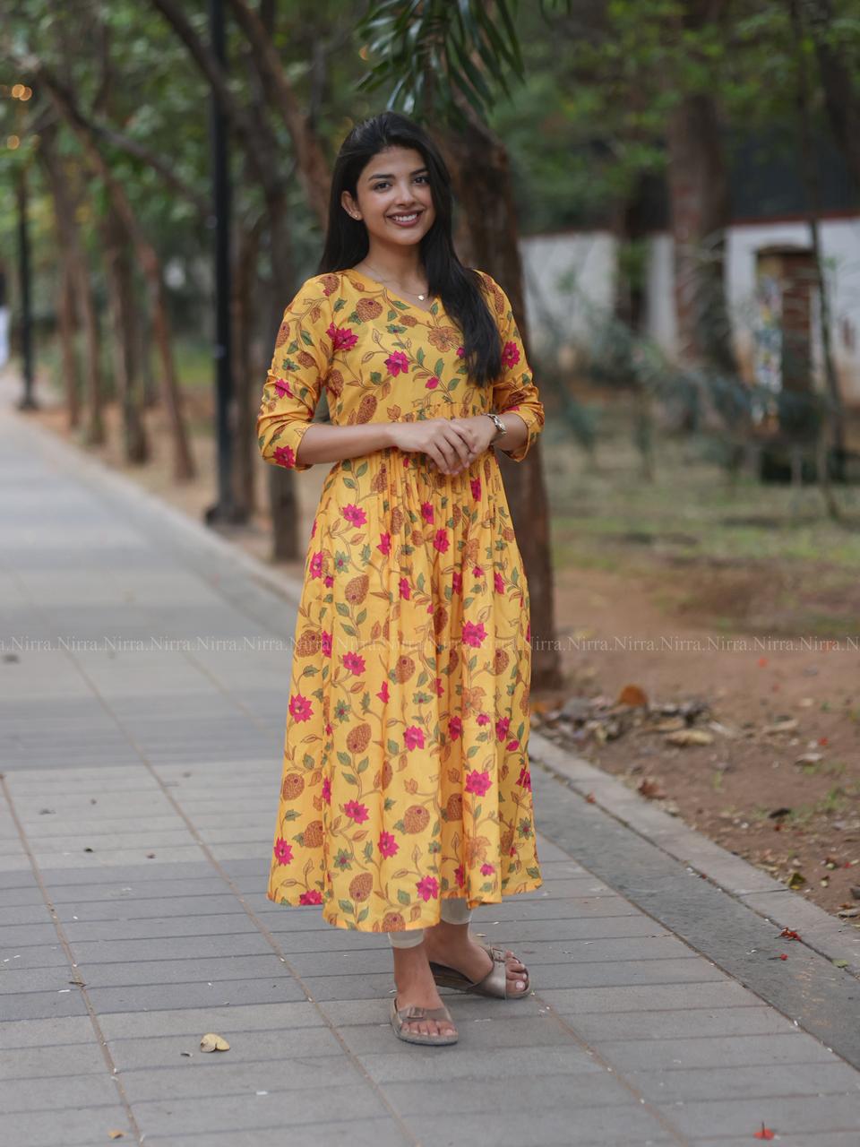 Yellow floral print cambric cotton Alia cut Aline kurti