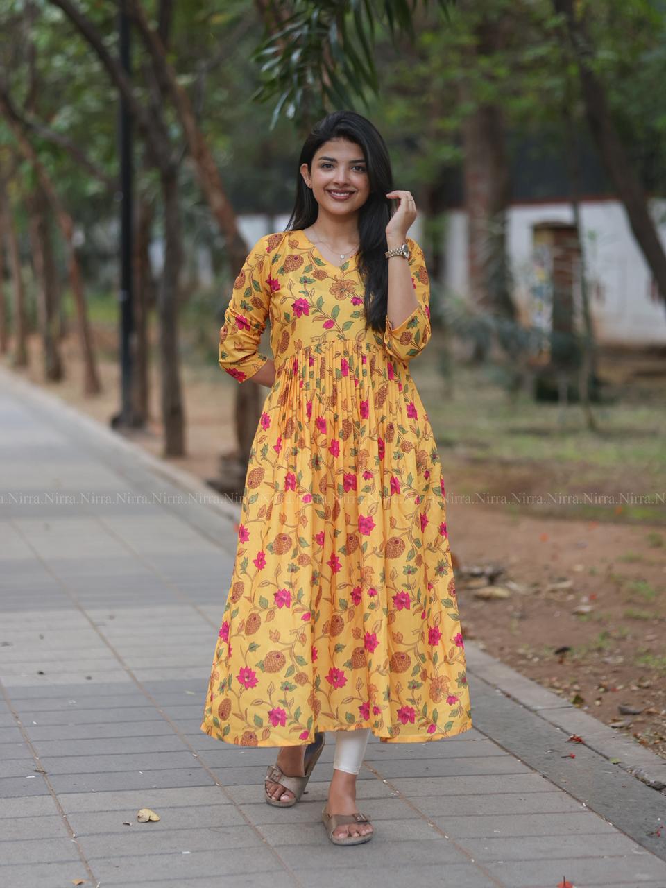 Yellow floral print cambric cotton Alia cut Aline kurti