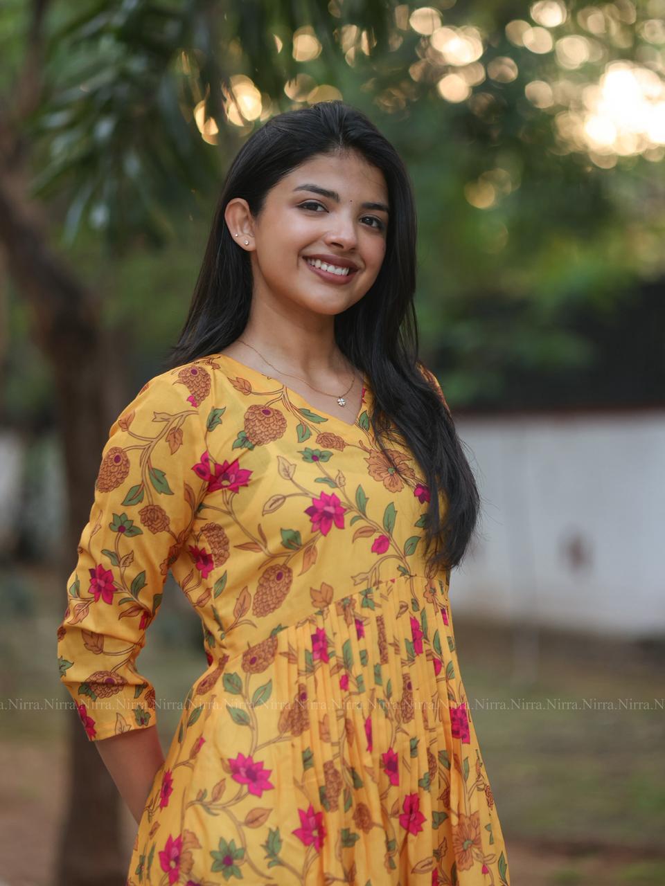 Yellow floral print cambric cotton Alia cut Aline kurti