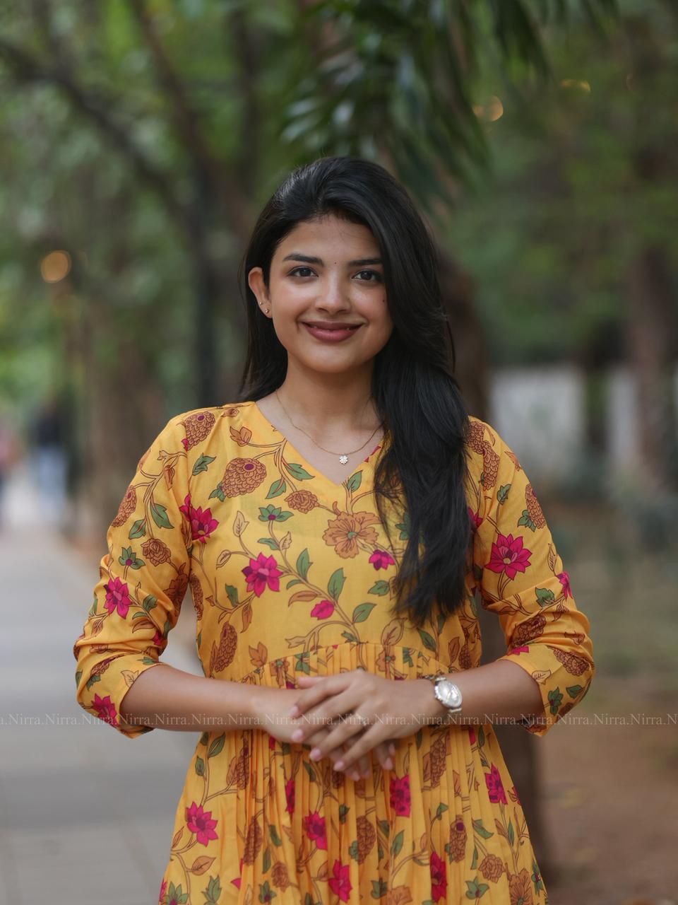 Yellow floral print cambric cotton Alia cut Aline kurti