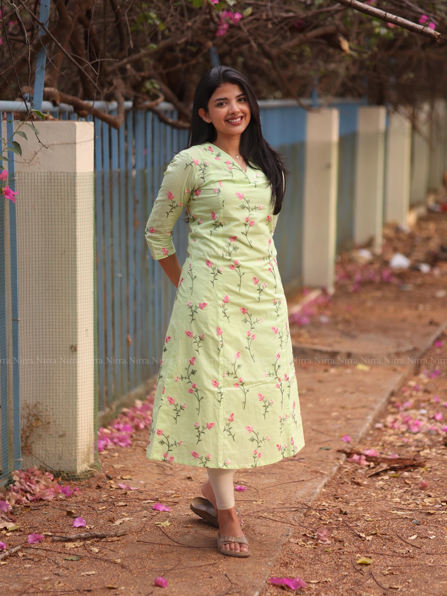 Green cotton embroidery princess cut Aline kurti