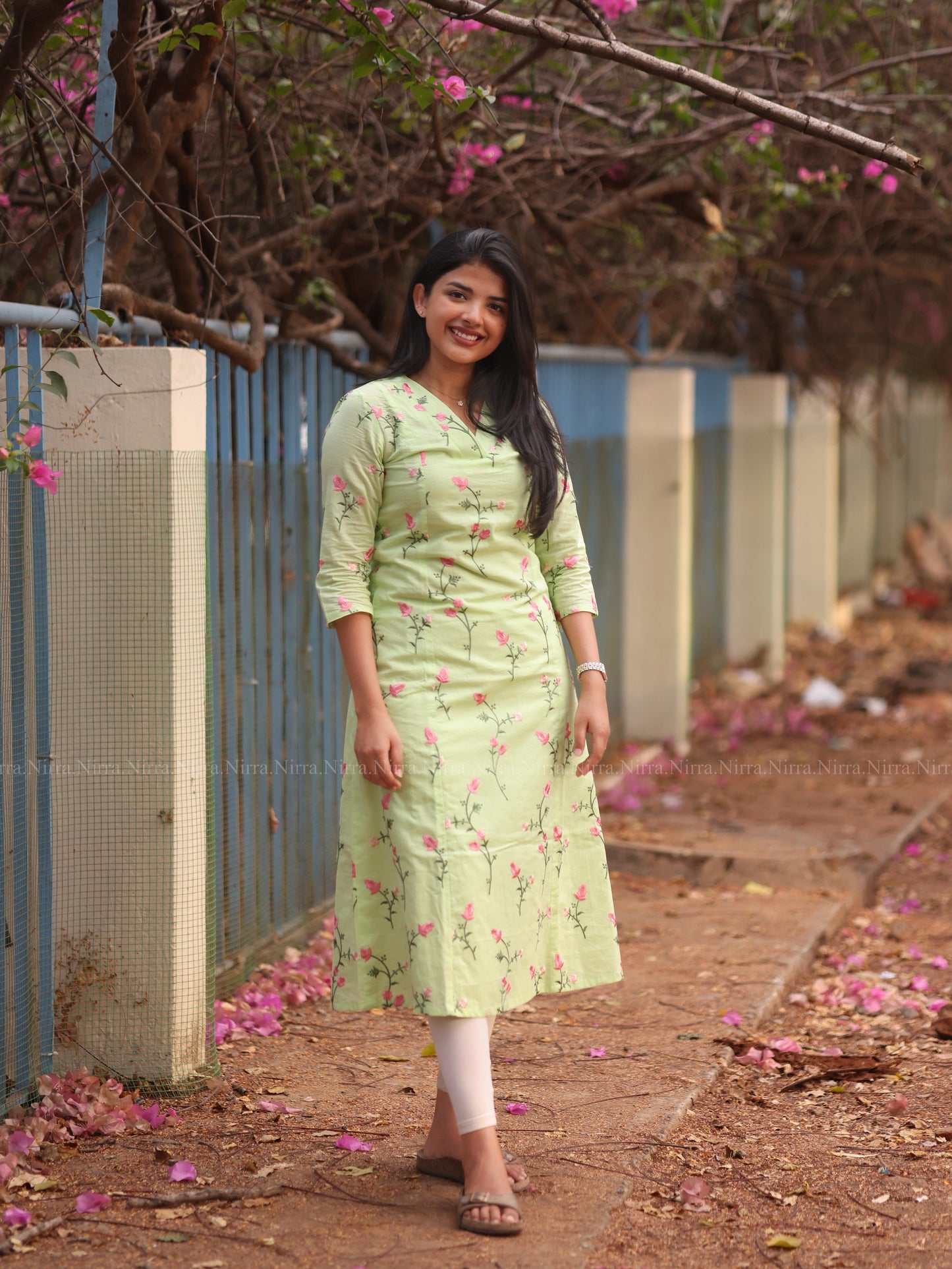 Green cotton embroidery princess cut Aline kurti