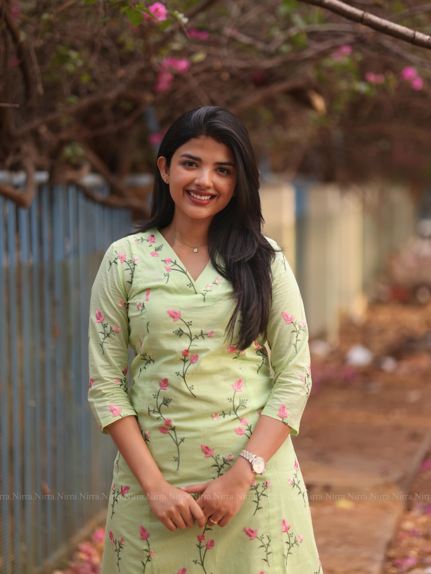 Green cotton embroidery princess cut Aline kurti