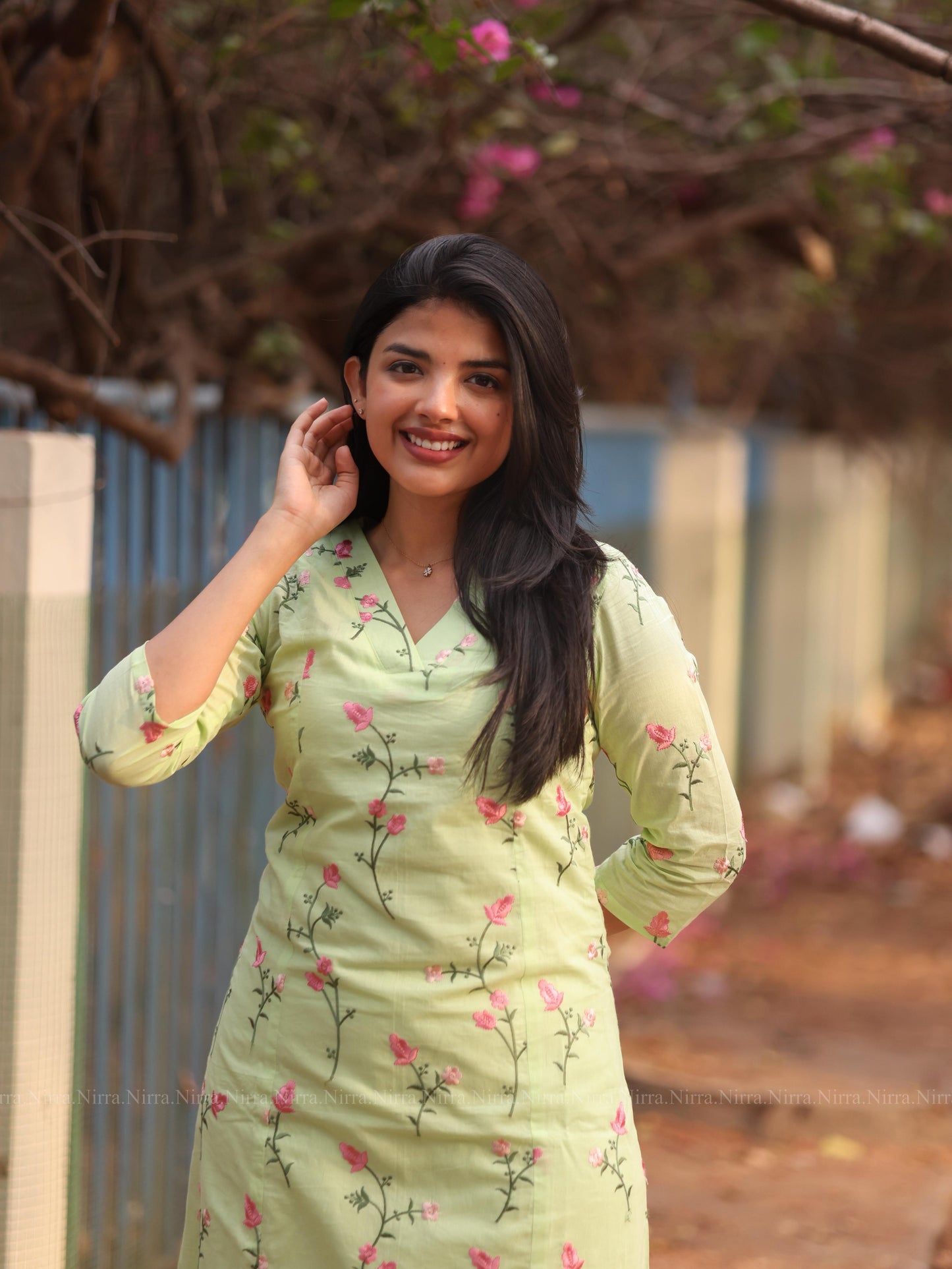Green cotton embroidery princess cut Aline kurti