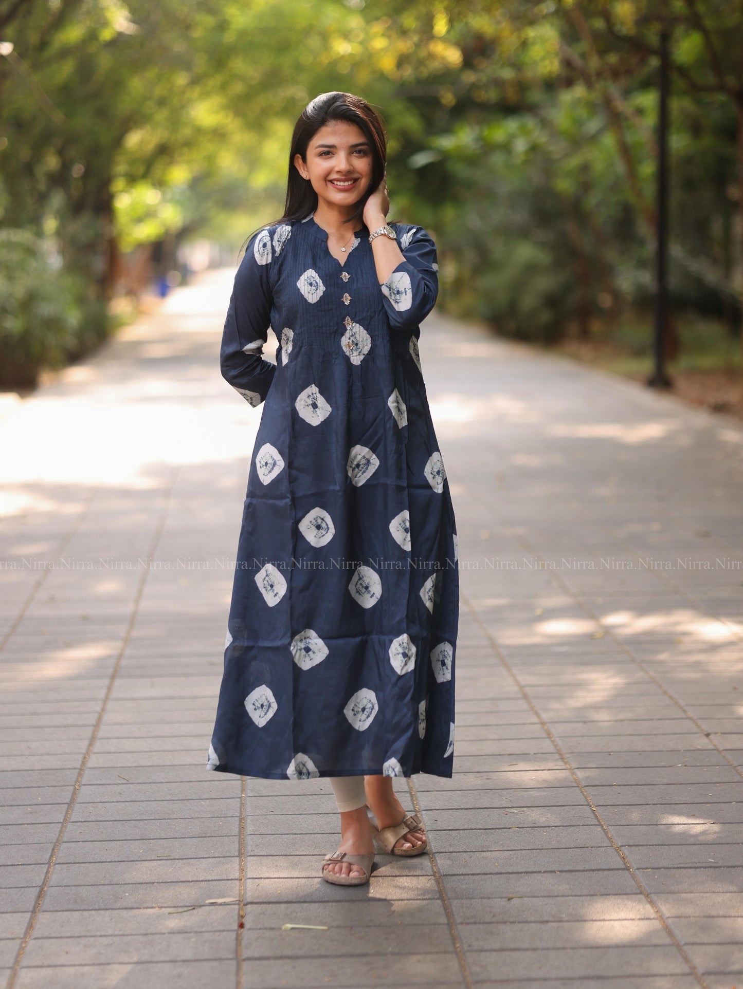 Blue Dola silk Aline kurti with pin tuck and hand embroidery in yoke
