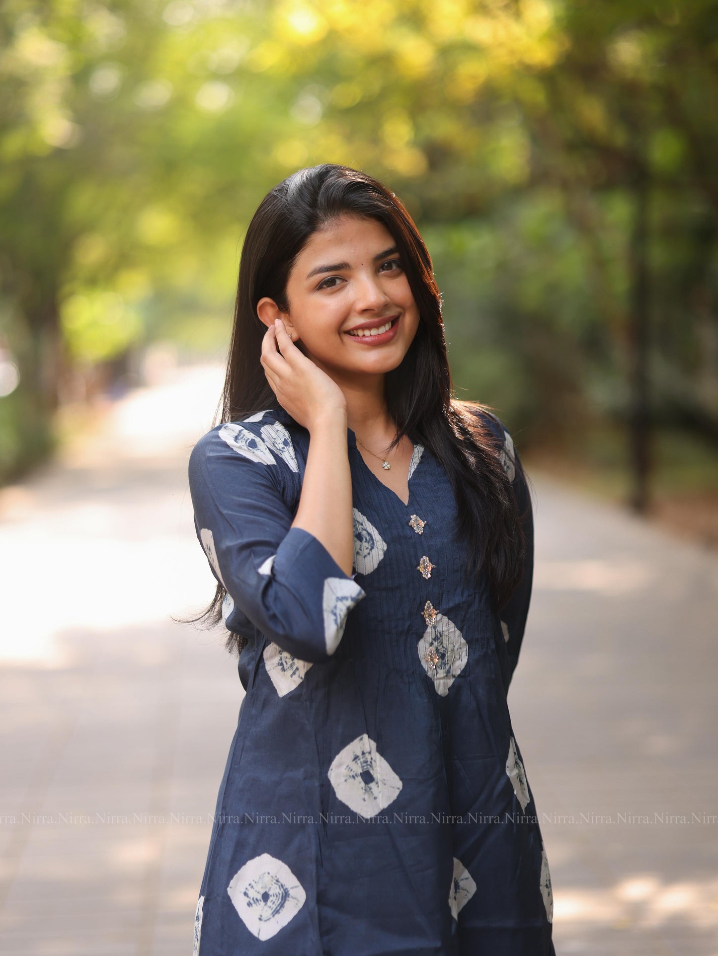 Blue Dola silk Aline kurti with pin tuck and hand embroidery in yoke