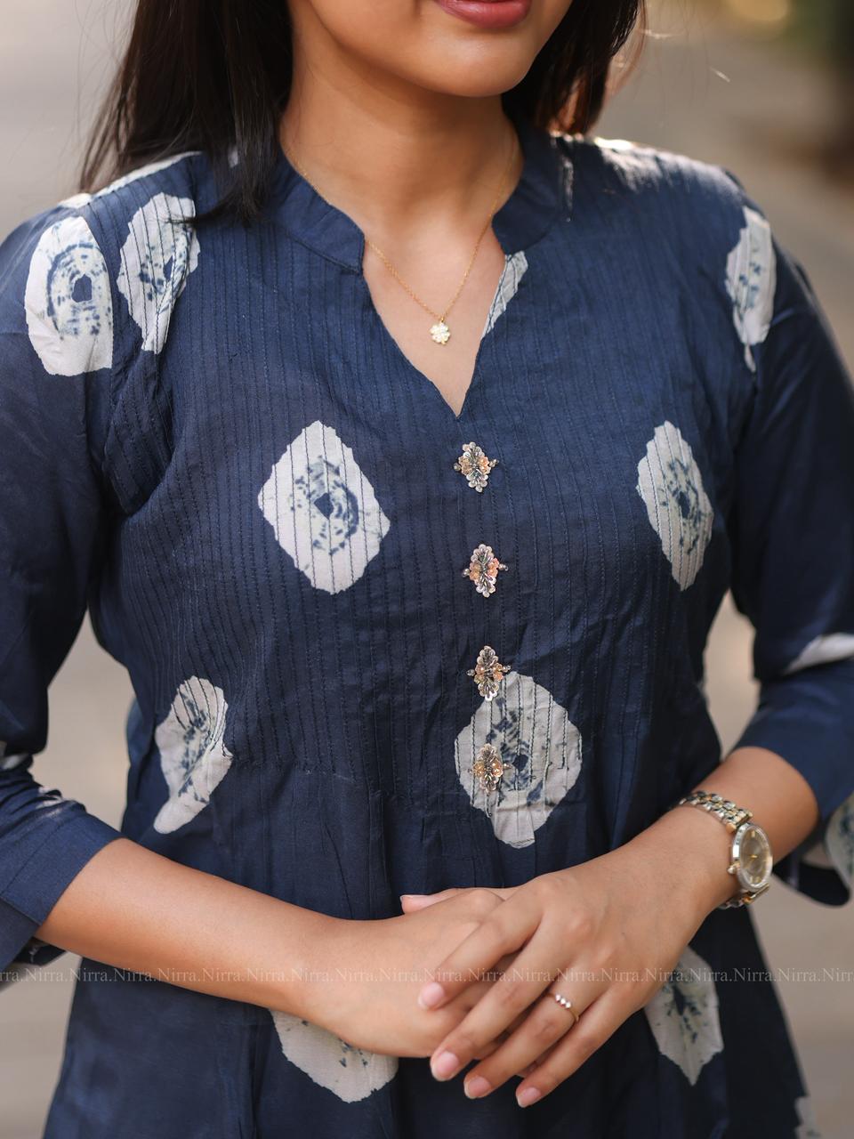 Blue Dola silk Aline kurti with pin tuck and hand embroidery in yoke