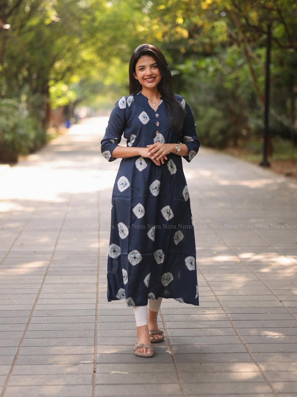 Blue Dola silk Aline kurti with pin tuck and hand embroidery in yoke
