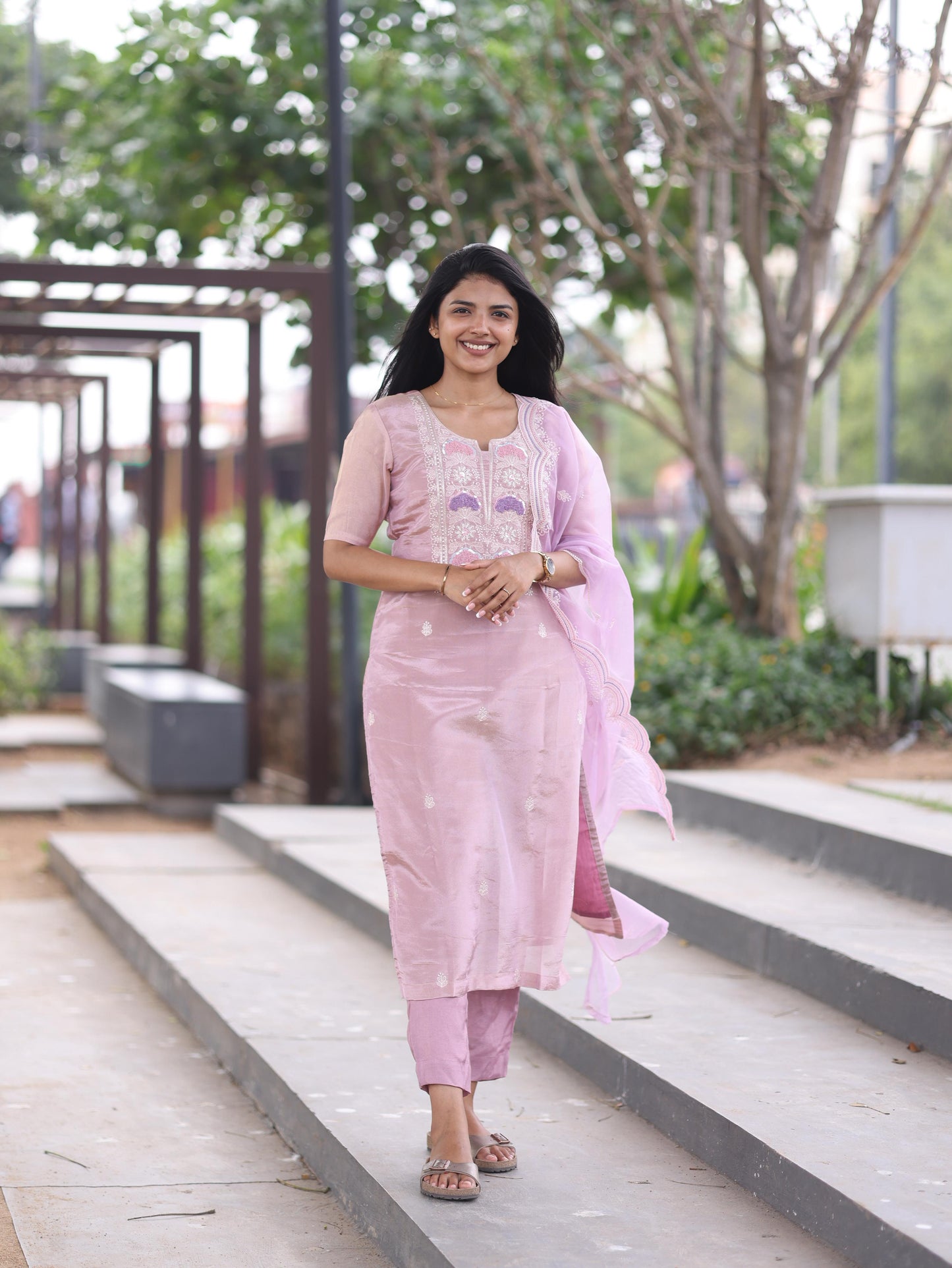 Onion pink tissue premium salwar set with embroidery at yoke and organza shawl