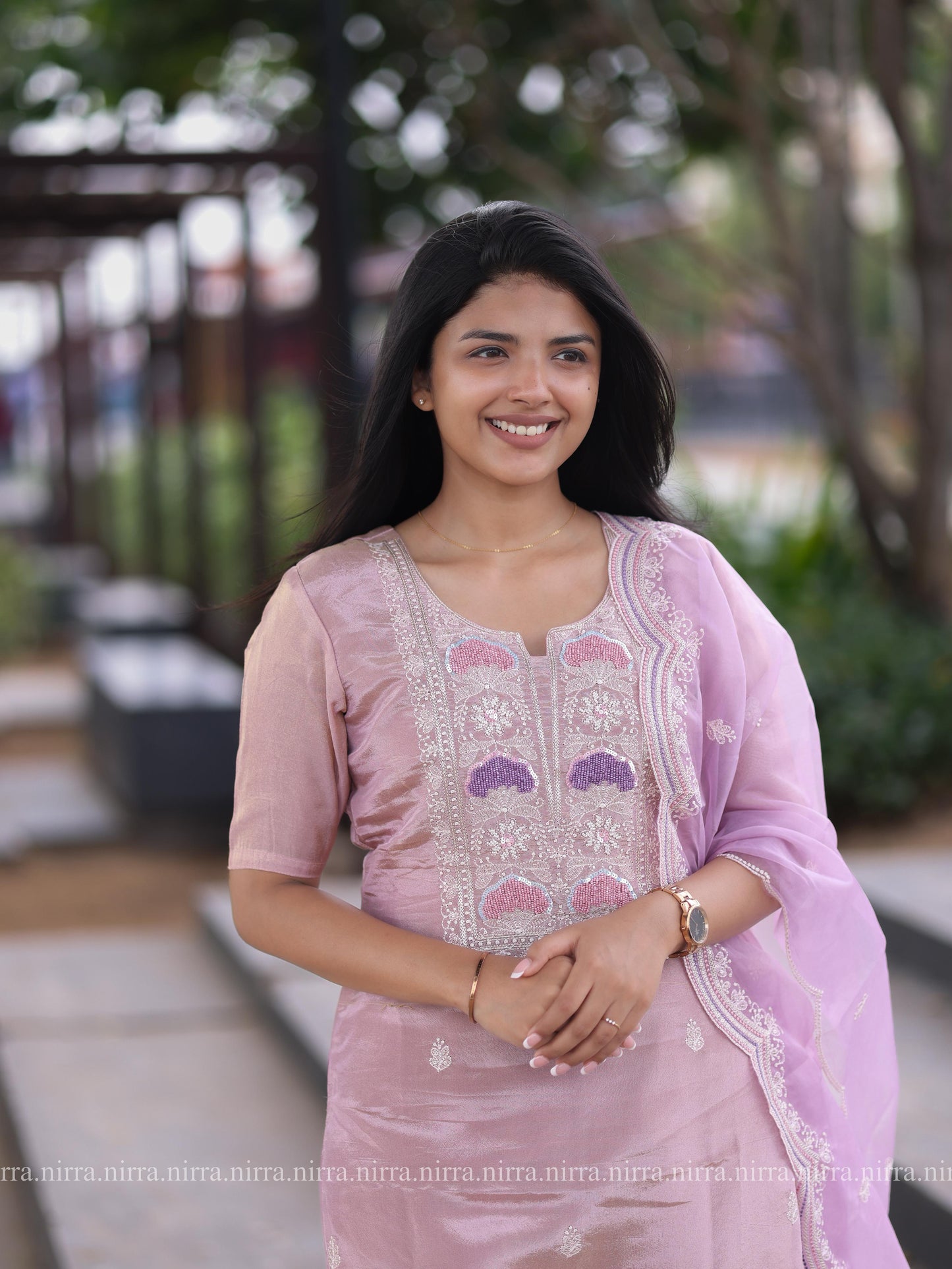 Onion pink tissue premium salwar set with embroidery at yoke and organza shawl