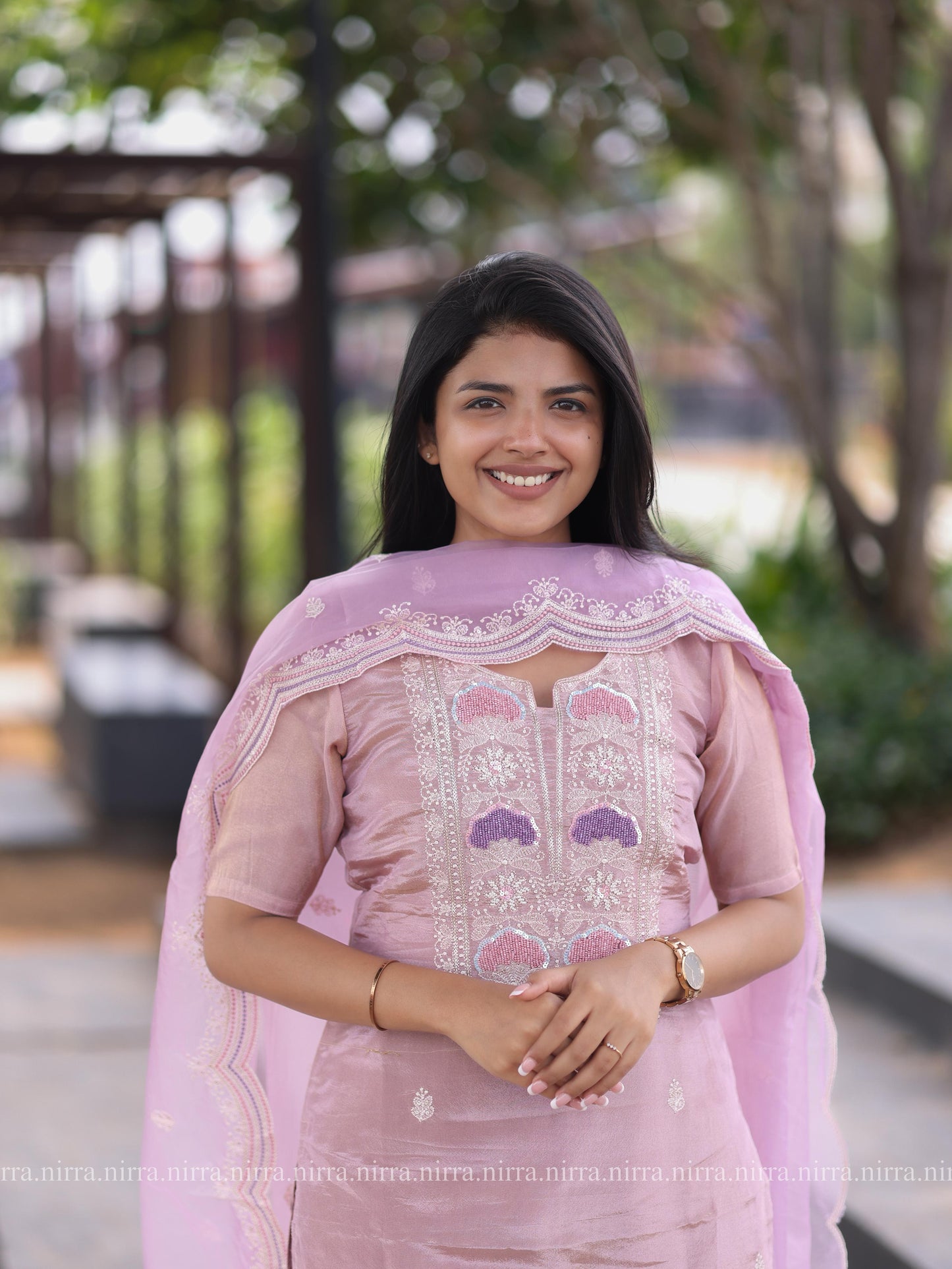 Onion pink tissue premium salwar set with embroidery at yoke and organza shawl